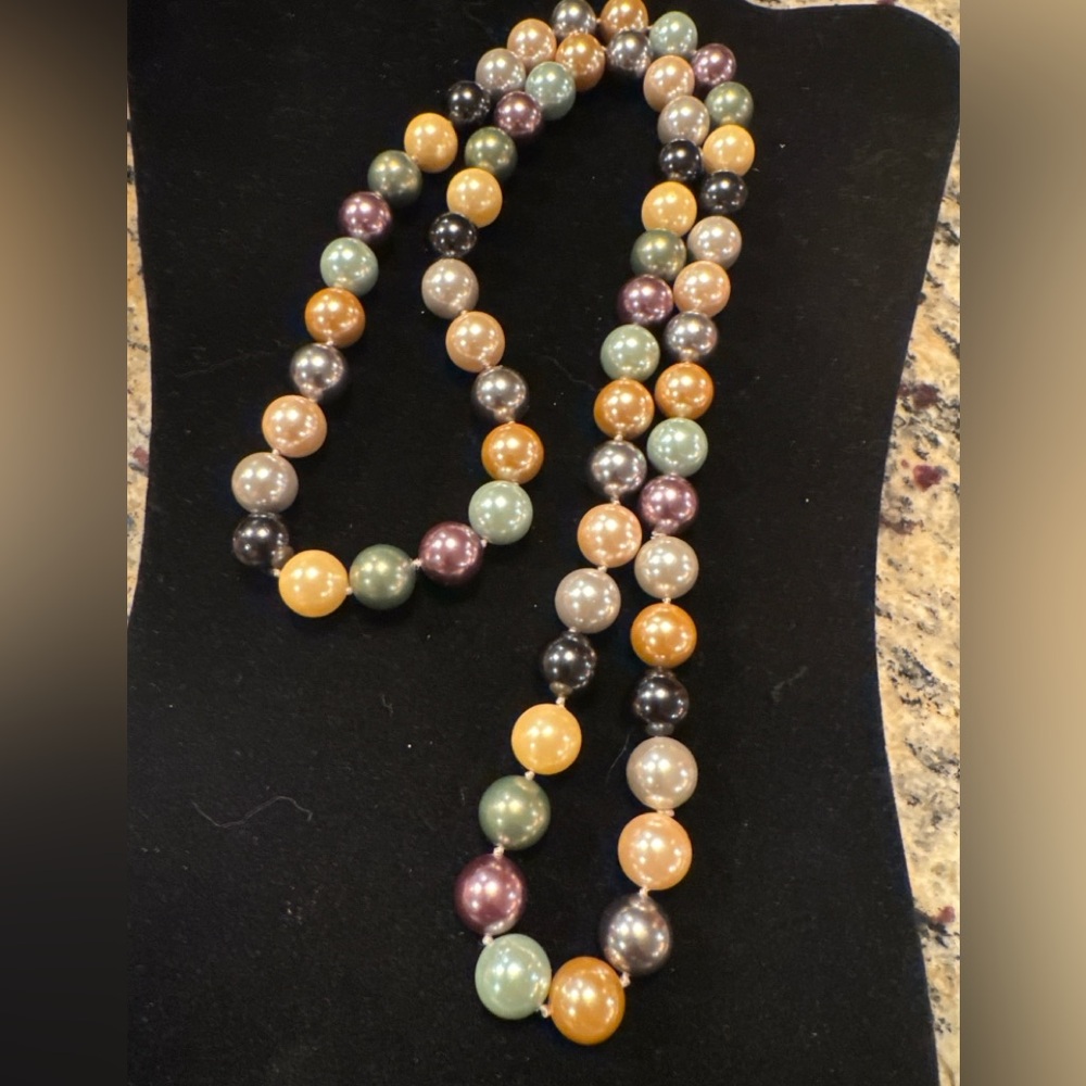Vintage Multicolor Faux Pearl Necklace 32” Long Strand Sage Lavender Gold Gray